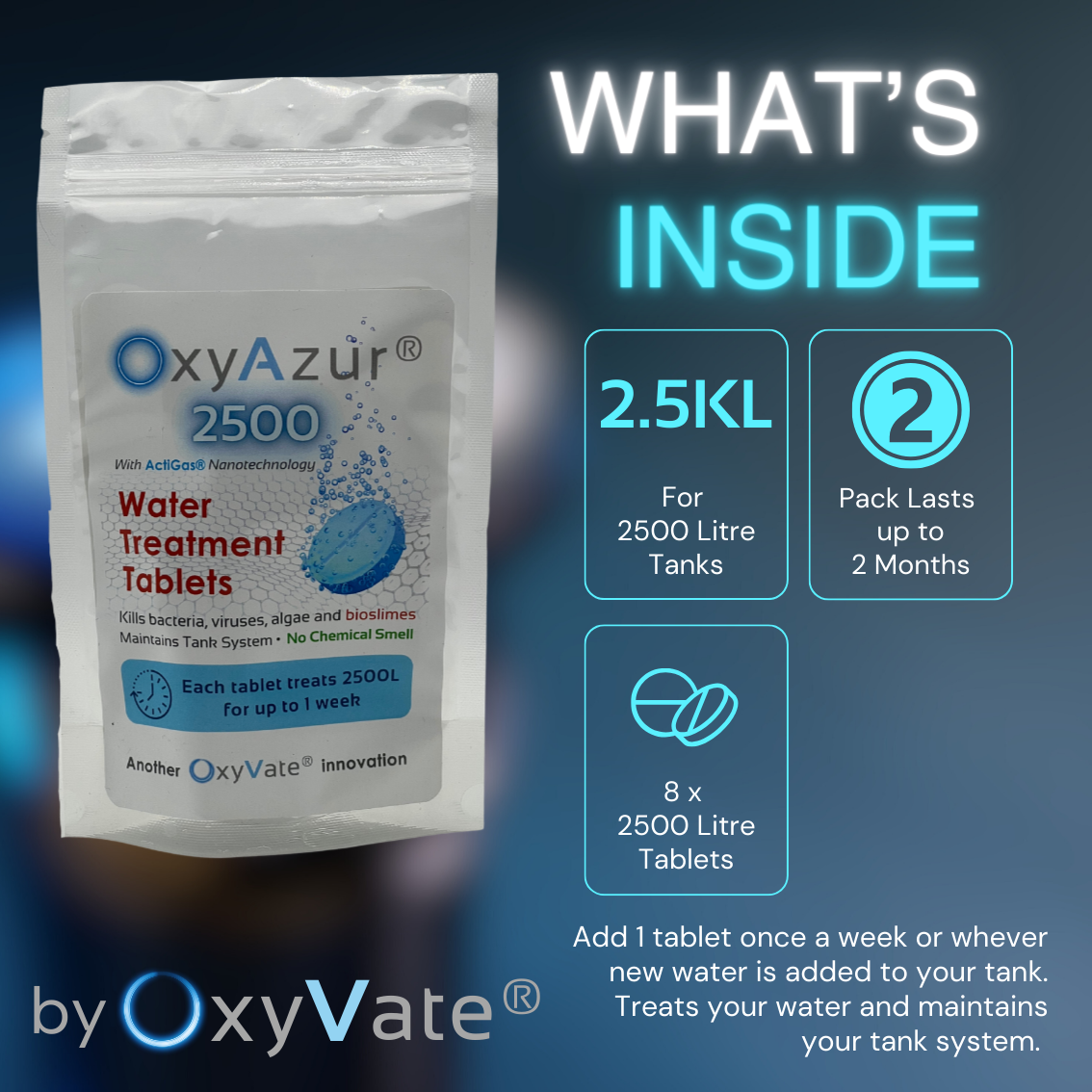 OxyAzur® Water Treatment Tablets for Water Reservoirs and Tanks - 2500L, 8 Tablets, Lasts Up To 2 Months