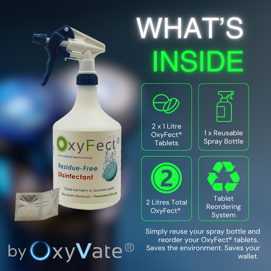 OxyFect® Residue-Free Disinfectant Spray, 2 x 1 Litre Tablets, 1 x Reusable Spray Bottle, 2 Litres Total, Tablet Reordering System