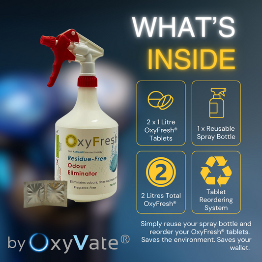 OxyFresh® Odour Eliminator Spray, 2 x 1 Litre Tablets, 1 x Reusable Spray Bottle, 2 Litres Total, Tablet Reordering System