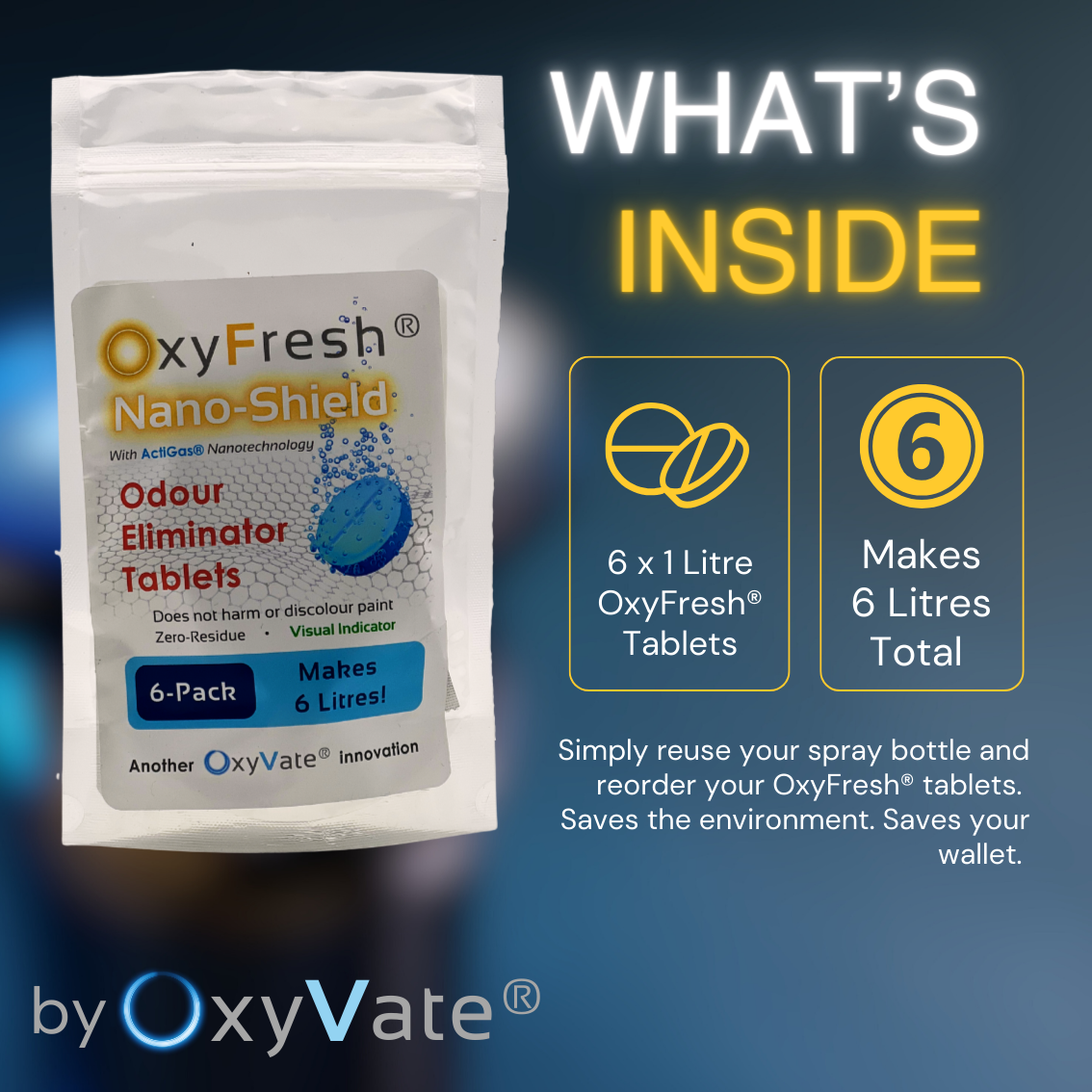 OxyFresh® Odour Eliminator Refill Tablets, 6 x 1 Litre Tablets, 6 Litres Total, Tablet Reordering System